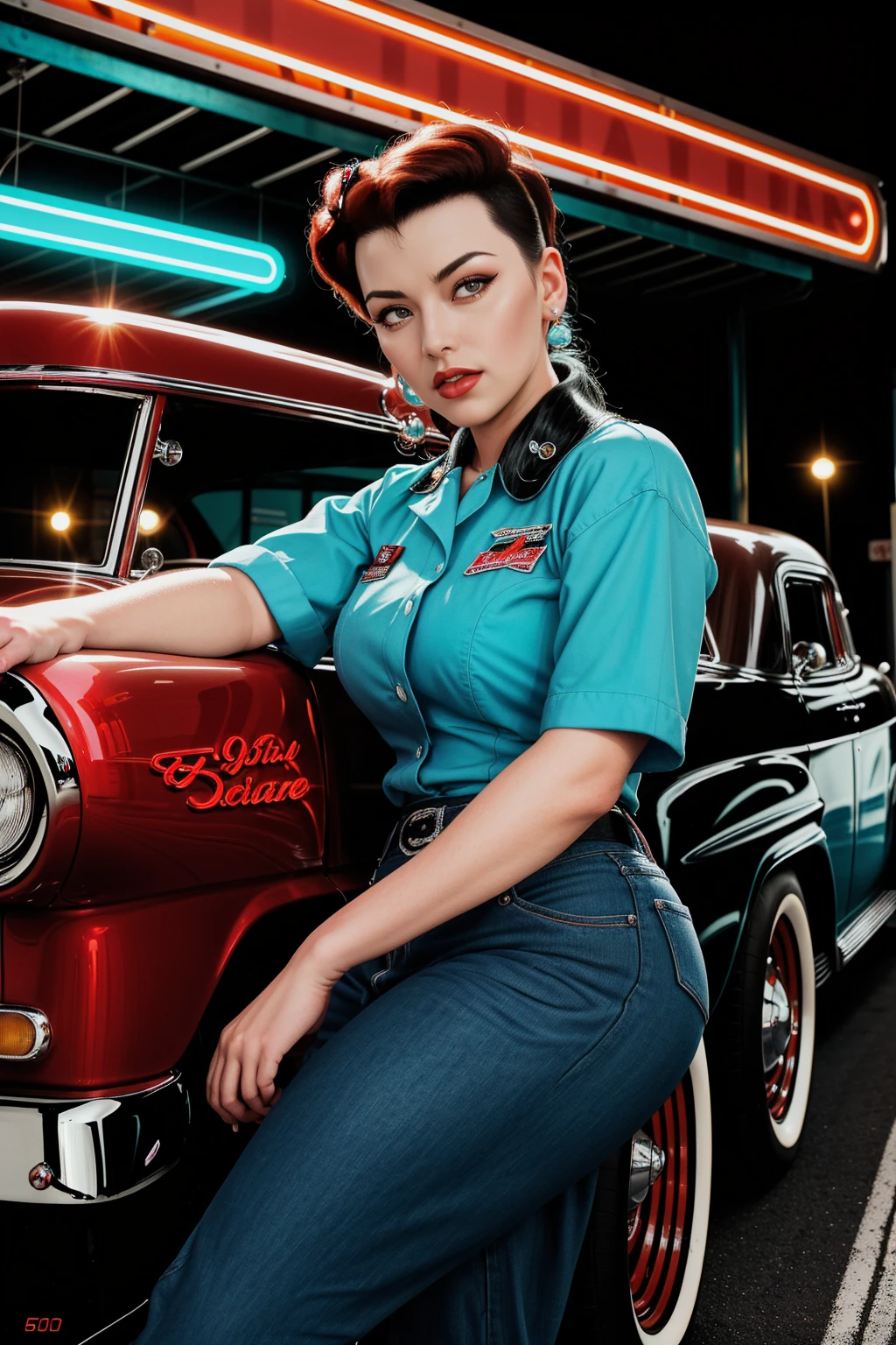 a hyper-realistic photograph of a beautiful rockabilly pin-up model leaning against a hot rod car in the parking lot of a 50s-style diner, with an interesting camera angle and perspective, volumetric lighting, Depth of field, professional photo session, cinematic lighting. details Intricate, lifelike textures, dynamic pose, The neon sign "RockaBilly"