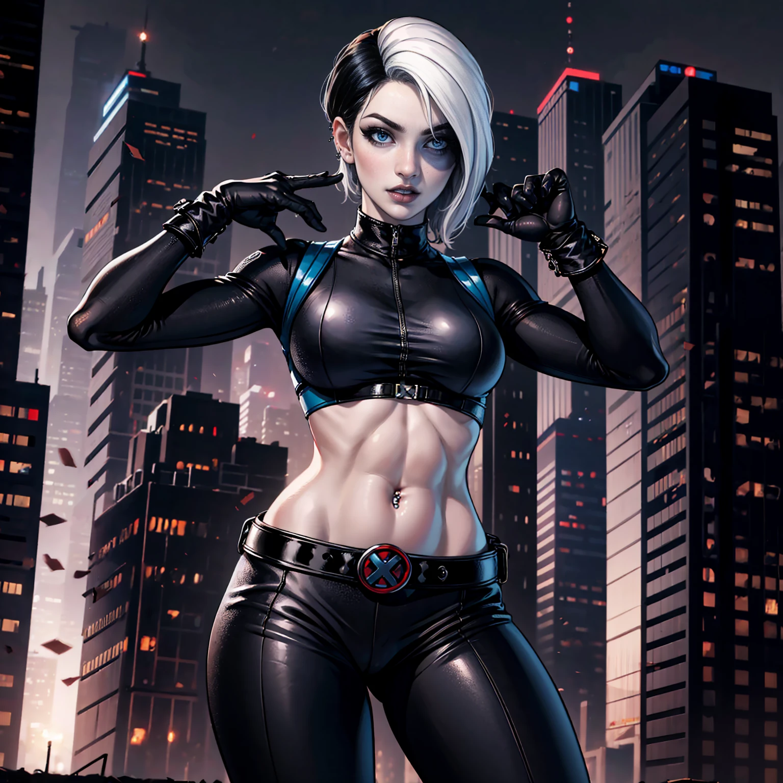 (Highly quality, masterpiece, detailed), city detailed scenario, city detailed background, solo, 1 woman, black hair, white hair, marveldomino, colored skin, makeup, leather cropped top, sleeves, gloves, belt, bellybutton piercing, bite her lips, blue eyes beautiful eyes, black mark around one eye, look at the viewer, Sexy pose