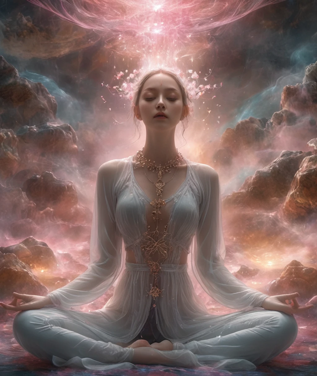 Full body photo of a girl in lotus position，Anatomically correct,born, photograph, (concentrate:1.5), (reality:1.4), dusk lighting, Volumetric lighting, Ultra-high resolution, 16K,Dramatic lighting, White Background：1.5）（Tangled，Mandala，Conflict，Entanglement：0.7），Short jacket,conversion, Depth of written boundary, Dreamy atmosphere, The most beautiful chaos, Grace, A dark theme with a brutalist design, flowers of death, flowers of ecstasy，Glowing Lines,Glow Example，Tracking example，flash， Backlight，translucent，Particles of light,hill，exit