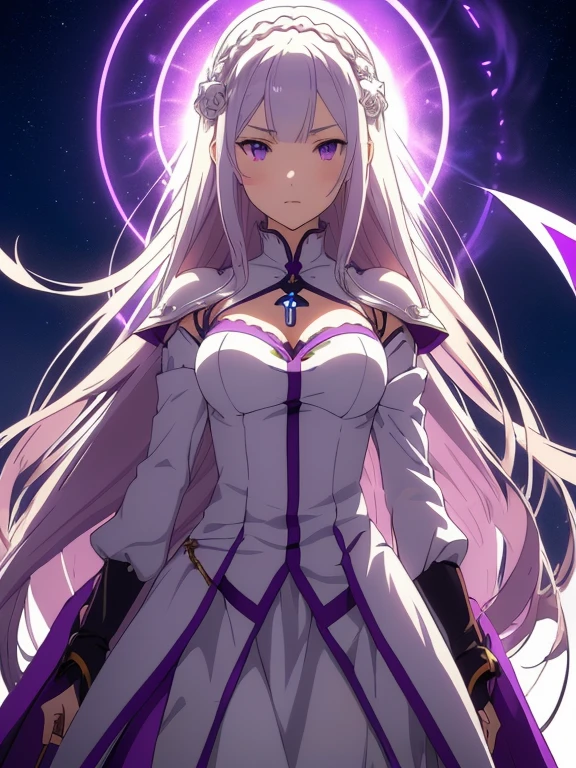 Emilia re:zero, purple eyes, Emilia, crown braid, x hair ornament, flower hair ornament, white hair, long hair, medium breasts, anime girl with sword in her mouth and armor in a purple background, badass anime 8 k, best anime 4k konachan wallpaper, seductive anime girl, female action anime girl, cushart krenz key art feminine, anime art wallpaper 4k, anime art wallpaper 4 k, anime art wallpaper 8 k, anime style 4 k, drakengard, 4 k manga wallpaper