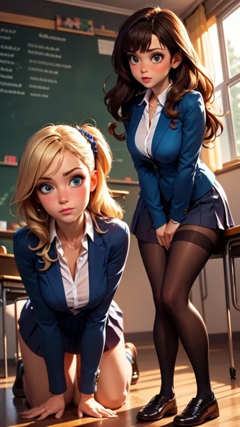 long brown hair, full body, classroom, 5ft 2inches tall, wavy hair, pale skin, british, school uniform, navy blue blazer, blue s...