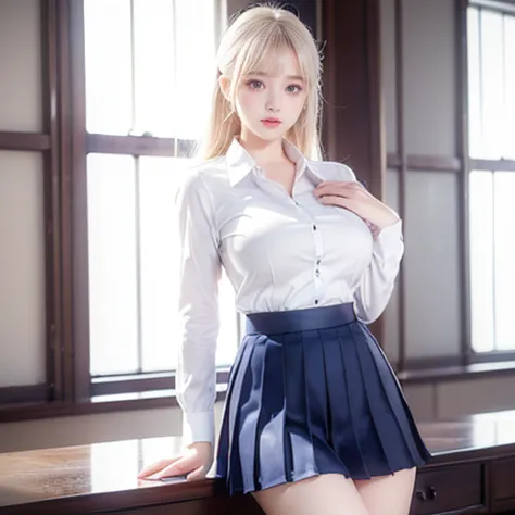 (highest quality、tabletop、8k、best image quality、award-winning works)、cute school girl、(white polyester collared shirt:1.2)、(navy...