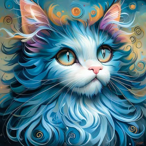 maine coon cat, blue, curly fur, with background, style of jeremiah ketner