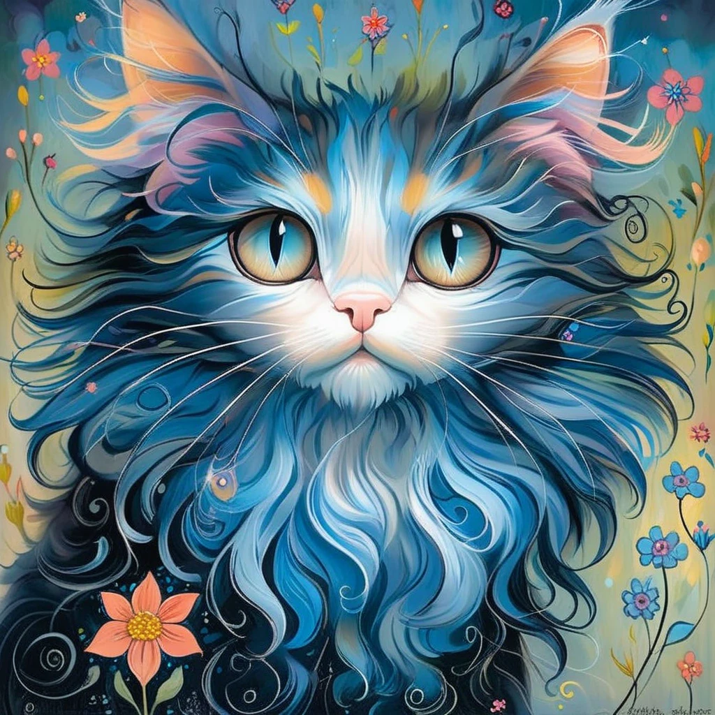 Maine Coon Cat, blue, curly fur, with background, style of Jeremiah Ketner
