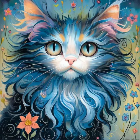 maine coon cat, blue, curly fur, with background, style of jeremiah ketner