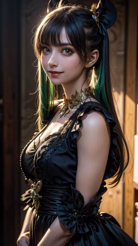 one girl, alone, hair ornaments, green hair, twin tails, long hair, dress, water,, mid shot portrait photography (farzan) from g...