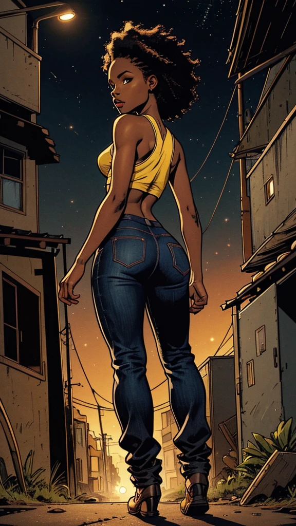 Full shot, full body, African American woman, small breasts, big ass, wearing, low-waisted flare pants, Cotton Cropped Top Without Pads, from the street, car behind with headlights illuminating woman, hilly background, Brazilian Favela, at night, cinematic lighting, vanishing point, sideways, from below, UHD, masterpiece, accurate, anatomically correct, textured skin, super detail, high details, high quality, award winning, best quality, highres