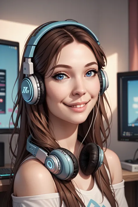 slrzztx, 1girl, solo, headphones, brown hair, long hair, lips, blue eyes, monitor, looking at viewer, realistic, bare shoulders,...