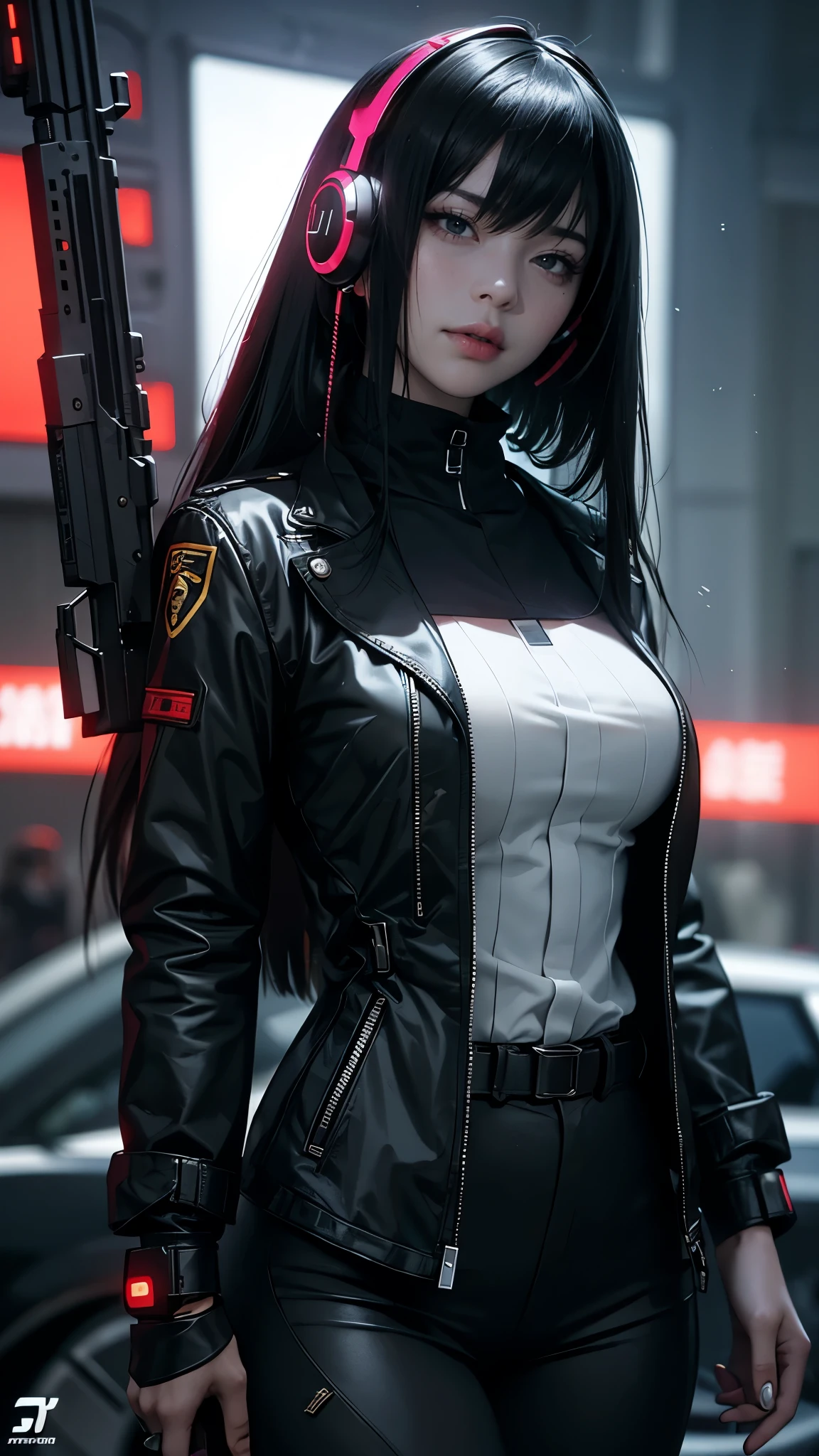 Arafed woman in uniform with headphones and a gun., cyberpunk art inspired by Leng Mei, Trends in CG society, what is?, perfect android girl, female cyberpunk anime girl, cosplay chica anime, perfect anime cyborg woman, cyberpunk anime girl, professional cosplay, trend on cgstation, mechanized soldier girl, beautiful android woman!