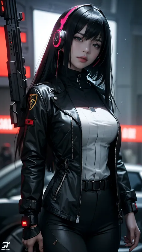 arafed woman in uniform with headphones and a gun., cyberpunk art inspired by leng mei, trends in cg society, what is?, perfect ...