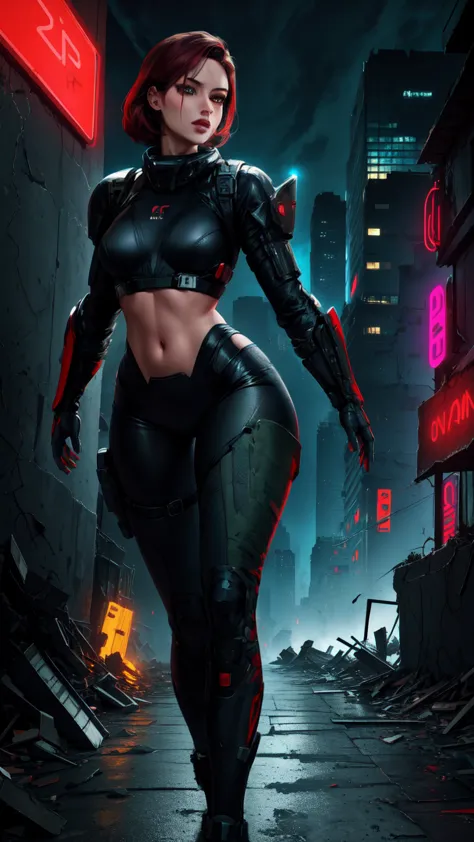 (promotional art), (whole body), jane shepard, solo,short hair,red hair,green eyes,
shepard, black power armor,  
walking toward...