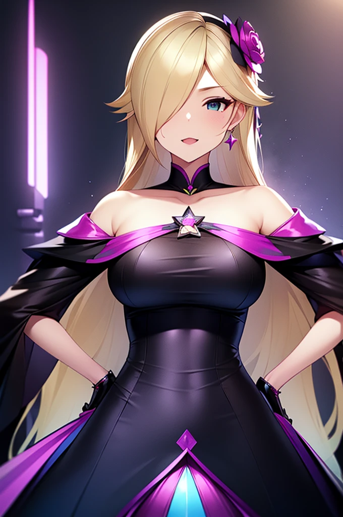 erotic、Rosalina、Blonde、tall、 mature, Married women, A light blue and black sparkly sequin dress、Off the shoulder、邪evilな女戦闘員, Pink and black background, Pitch-dark bedroom, Dark Theme, evil, lure, excited, Condescending contempt, Lightly open your mouth、Sexy pose, Upper Body,