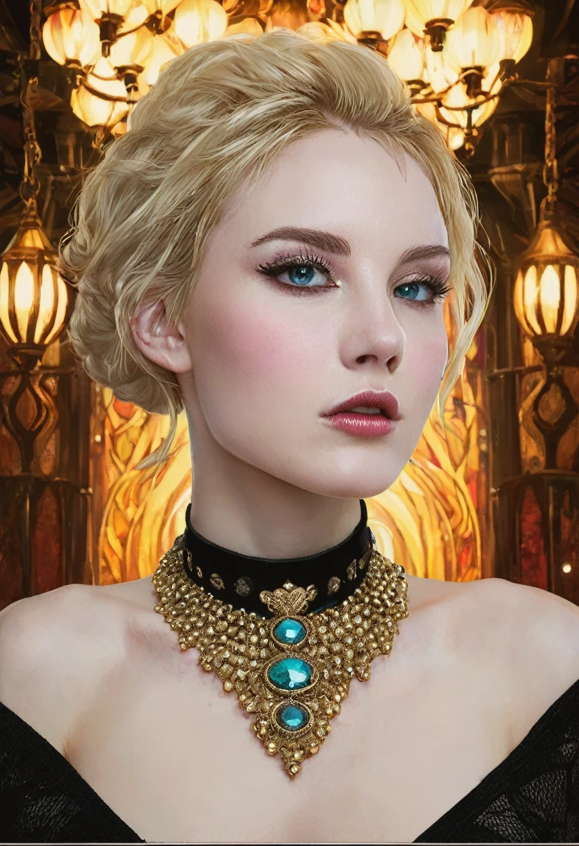 a girl with a collar, detailed face, beautiful eyes, long eyelashes, pale skin, blonde hair, wearing a choker necklace, in a fantasy environment, detailed background, volumetric lighting, cinematic composition, vibrant colors, digital art, intricate details, highly detailed