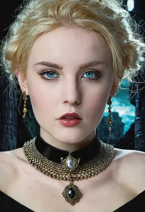 a girl with a collar, detailed face, beautiful eyes, long eyelashes, pale skin, blonde hair, wearing a choker necklace, in a fan...