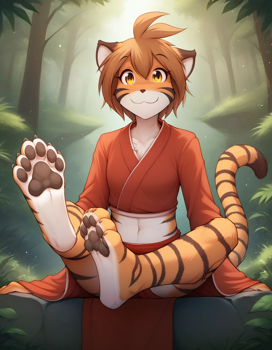 score_9, score_8_up, score_7_up, score_6_up, score_5_up, score_4_up, rating_explicit, source_furry, Flora, tiger, female, cute anthro female, feet, paws, pawpad, foot focus, paw focus, furry paws, cute face, forest, detailed background, looking at viewer, solo, solo focus, (digital pen line-art, soft lines, soft shading, pinup, cartoon, anime:1.2), smile, happy, long tail, midriff, anthro, 4 toes, four toes, anthro feet, 4_toes, (SFW:1.5), silk robe