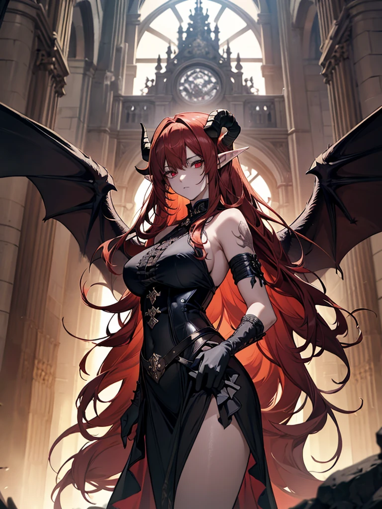 (masterpiece, high quality, highly detailed, anime style) 
Demon woman, 30s, goat-like horns, long red hair, red eyes, fair skin, pointed elf ears, beautiful curves, intricate tattoos. Large tattered fallen angel wings. Revealing black medieval-style clothing. Stands in a crumbling castle after battle, showing fatigue and injuries. Dramatic pose with arms open. Dark tones, dramatic lighting, twilight or dawn sky.