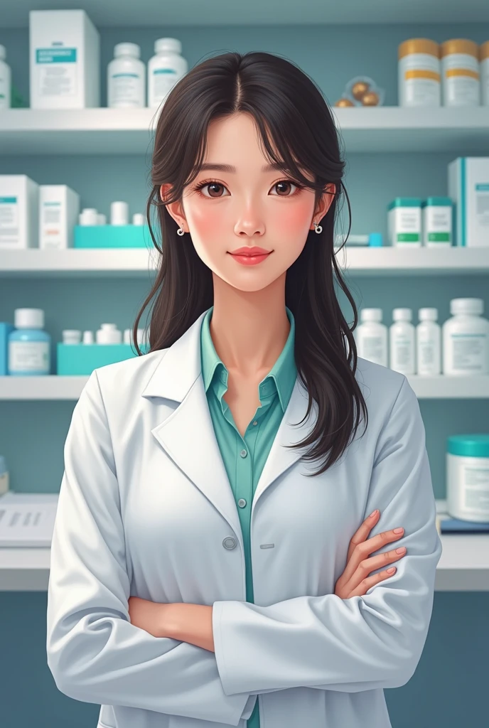 Portrait of a Vietnamese pharmacist with shoulder-length hair standing and consulting directly with her arms hanging naturally 