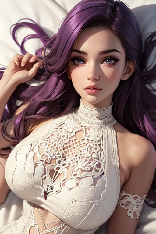 (ultra realistic,32k, masterpiece:1.2),(highly detailed skin:1.1), 8k hd, DSLR, high quality, (thick\lips\), 1 girl,purple hair, long hair,(aquamarine eyes:0.9) ,Tuscan tan crochet bodycon dress, neckline, , huge chest, (looking at viewer, seductive and flirtatious look, lying, from above:1.1),, ,(dynamic lighting:1.1), blank background