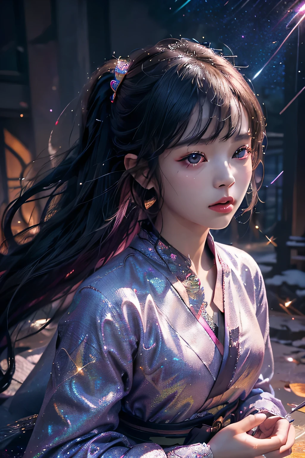 kanao from demon slayer. a young woman with long dark hair, beautiful detailed eyes, beautiful detailed lips, extremely detailed face, longeyelashes, wearing a butterfly kimono, (best quality,4k,8k,highres,masterpiece:1.2),ultra-detailed,(realistic,photorealistic,photo-realistic:1.37),digital painting,exquisite detail,intricate details,highly detailed,vivid colors,warm lighting,cinematic lighting,dramatic lighting, iridescence, dramatic angle, space, (floating colorful sparkles:1.3), Dramatic Lighting, Chiaroscuro, Evocative Depth. Portrait. Jennie