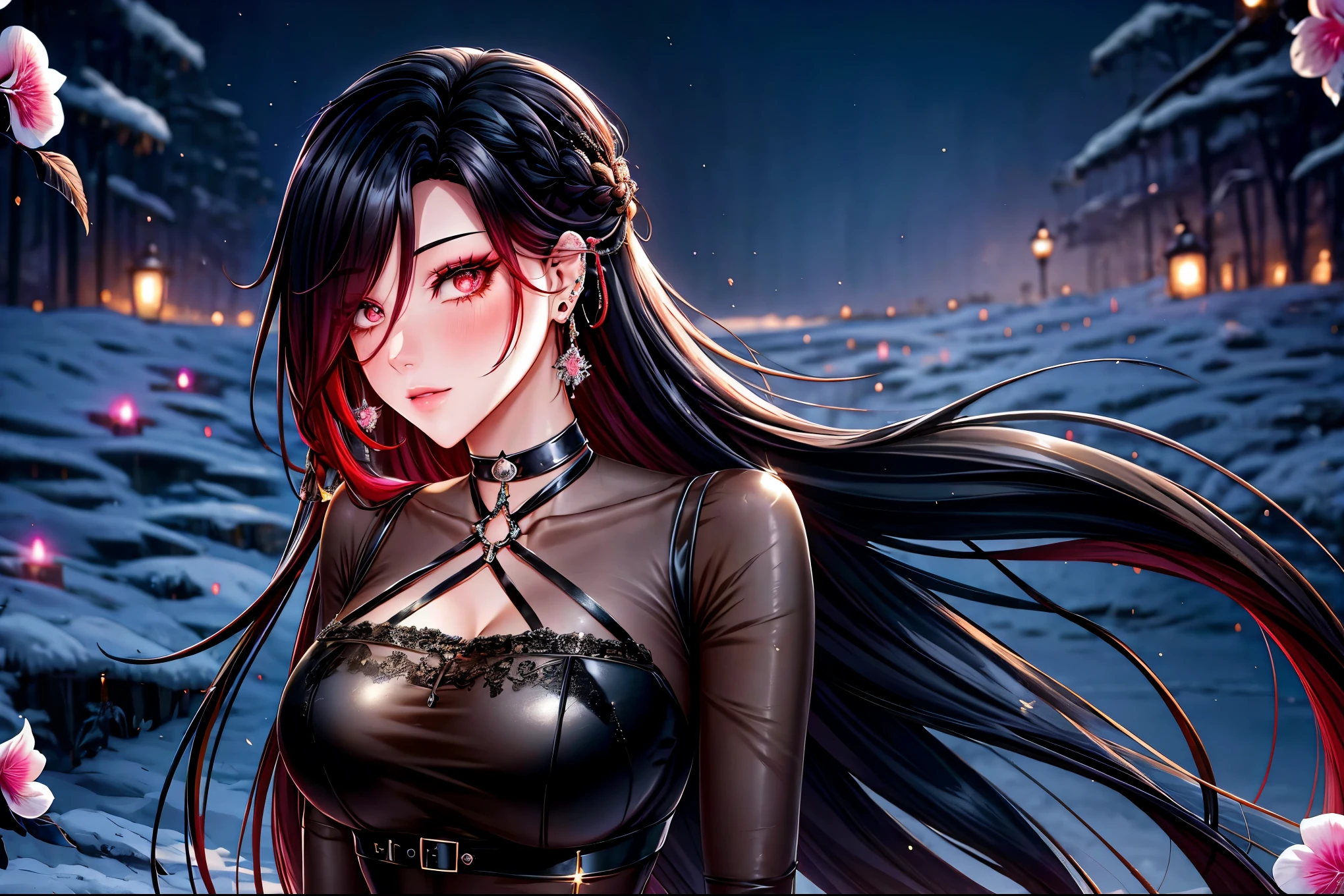 shoujo style, frosty style, (romantic manhwa), 1 girl, black hair, solo, long braided hair, long braid, dress, red cyclamen eyes, mascara, makeup, elbow gloves, bra, jewelry, many ear piercings, peeper , collarbone, accessories, upper body, parted bangs, braided hair, side braid, black dress, bangs, outdoors, detailed eyes, dynamic cut, walking in a rose field at night, flowers, warm, summer environment, beach,