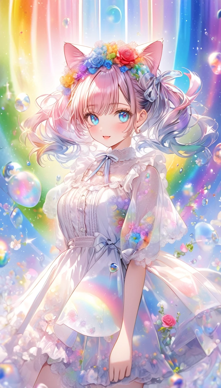 (((masterpiece))), (((Highest quality))),((Ultra-detailed)), A fusion of watercolor and oil painting, Psychedelic world, Watercolor splash,Very colorful tones, Commemorative photo, White Dress、super precision embroidery, See-through lace, ribbon, see-through frill,cute, beautiful girl, Lolita, 15-year-old girl, 1 cute girl, (Look forward), (Looking at this), (Very delicate and beautiful face), (Beautiful eyes in every detail), ((((Heterochromia Iridum - Red and Blue Eye Color)))),Through the bangs, Pale pink hair,Twin tails, Beautiful attention to detail, Beautiful lip detail, Highly detailed face, Attractive eyes, Long eyelashes, smile, Open your mouth a little, Cat ear, 髪の色と同じ色のCat ear,One Girl, ((The most beautiful girl of all time))),Digital Art, pastel colour, ((Use the rainbow as your main color)),Vibrant colors,fantasy art pieces,dream-like,Mythical fantasy with rainbow accents,Fairytale Fantasy,(((Colorful flowers))), (((Translucent rainbow))),Rainbow gradient,Subtle iridescent details,Gives off an aura of magic,Exquisite detail,Heavenly, Flowers,Soft lighting, Cinematic, romantic, baby doll、Framing above the chest, Colorful gel background, Fractal Floral Background, Sparkling, Sparkling, Lolita, Perfect lighting, Sharp focus, High resolution, High resolution,High color rendering, High resolution