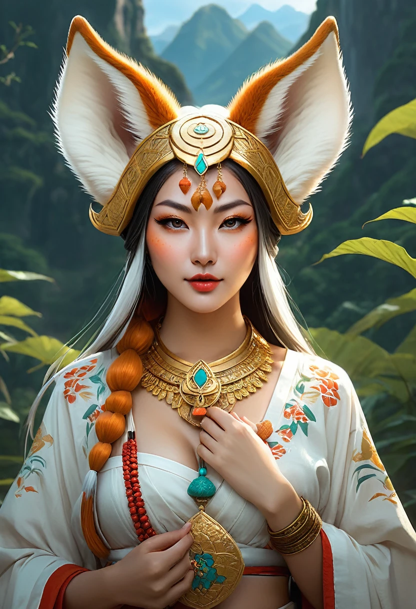 Anthropomorphic feminine kitsune enchantress. with elephant ears. Official Art – An Award-Winning Digital Masterpiece In 4K Ultra HD, Extreme Detail And Intricate Realism. Symmetrical Face. This Concept Art Brought To Life By The Hands Of Artists Like Wlop & Artgerm In A Stunning 2D Vector Illustration. Breath of the wild. Background Is A Panoramic Vista.
