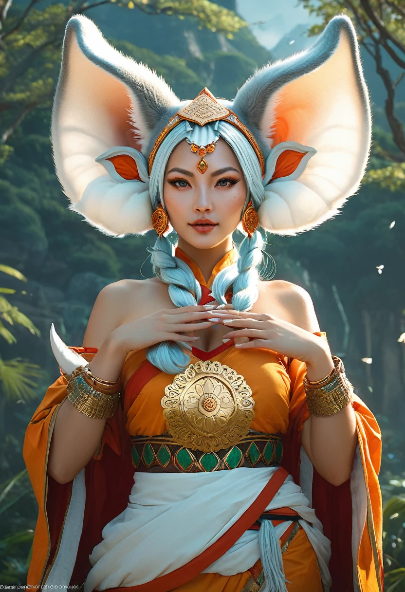 Anthropomorphic feminine kitsune enchantress. with elephant ears. Official Art – An Award-Winning Digital Masterpiece In 4K Ultra HD, Extreme Detail And Intricate Realism. Symmetrical Face. This Concept Art Brought To Life By The Hands Of Artists Like Wlop & Artgerm In A Stunning 2D Vector Illustration. Breath of the wild. Background Is A Panoramic Vista.
