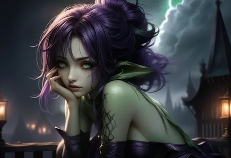 anime girl with green hair and purple eyes sitting on a fence, cute face. dark fantasy, artgerm detailed, dark fantasy style art...