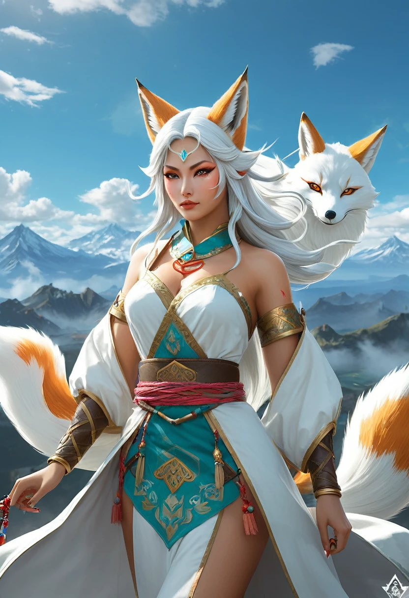 Anthropomorphic feminine kitsune enchantress.  Official Art – An Award-Winning Digital Masterpiece In 4K Ultra HD, Extreme Detail And Intricate Realism. Symmetrical Face. This Concept Art Brought To Life By The Hands Of Artists Like Wlop & Artgerm In A Stunning 2D Vector Illustration. Breath of the wild. Background Is A Panoramic Vista.
