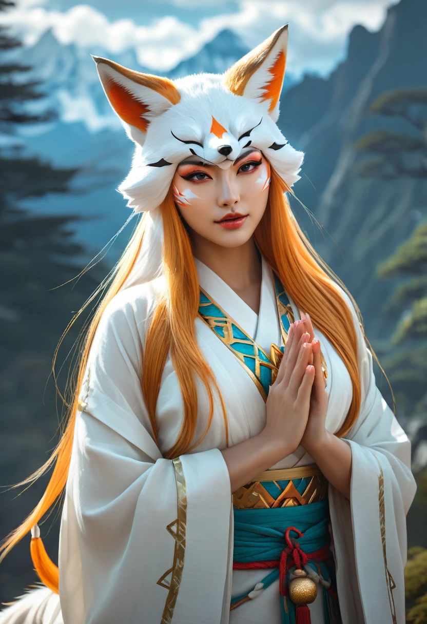 Anthropomorphic feminine kitsune enchantress.  Official Art – An Award-Winning Digital Masterpiece In 4K Ultra HD, Extreme Detail And Intricate Realism. Symmetrical Face. This Concept Art Brought To Life By The Hands Of Artists Like Wlop & Artgerm In A Stunning 2D Vector Illustration. Breath of the wild. Background Is A Panoramic Vista.
