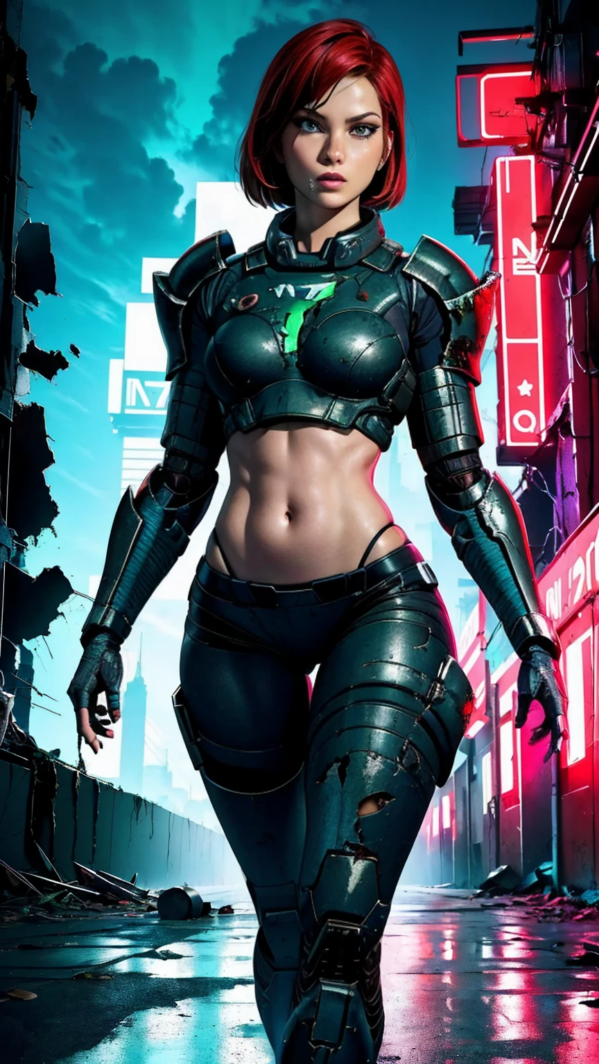 (promotional art), (Whole body), Jane Shepard, solo,short hair,red hair, emerald green eyes,
Shepard, black power armor,  
Walking towards camera, N7, (damaged N7 armor exposing midriff:1.2), (left thigh showing), 
City ruins, neon lights, (insanely detailed, beautiful detailed face, masterpiece, best quality) , (correct eyes:1.3) (correct face) 