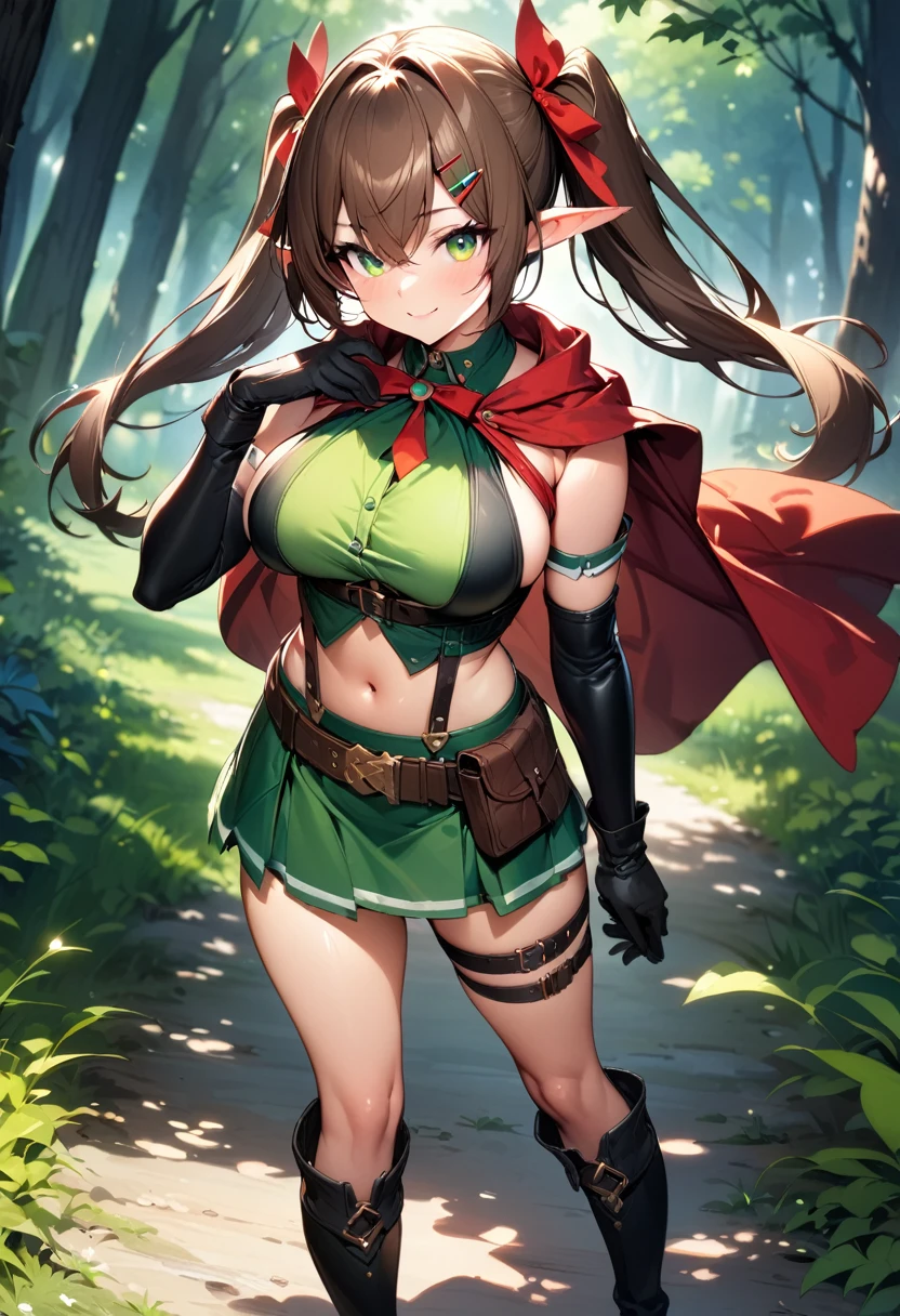 (masterpiece),(best quality),(ultra-detailed),(best illustration),(best shadow),(absurdres),(detailed background),(very aesthetic), 1girl, solo, pointy-ears, ((brown-hair)), green-eyes, gloves, boots, twintails, skirt, elbow-gloves, hair-ornament, navel, looking-at-viewer, cape, smile, elf, ribbon, hair-ribbon, knee-boots, belt, hairclip, ((green-skirt)), black-gloves, forest, midriff, thigh-strap, hair-between-eyes, standing, black-footwear, pouch, long-hair, nature, red-ribbon, ((big boobs) 1:1)
