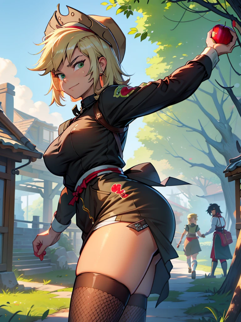 AppleJack, Applejack from my little pony, big breastes, Lush breasts, closed clothing, elastic breasts, exuberant hair, straight hair, red elastic band on the hair , smirk, serious face, Katana in hand, big iron katana, very long katana, emphasis on the sword, shiny sword, view from bottom, Foreshortening from the ground, fishnet stockings, apple hairpin, Green Outfit, a lot of green and red, beste-Qualit, Very detailed, Japanese farm, the trees, Apple trees , viste traje de maid sexy color negro 