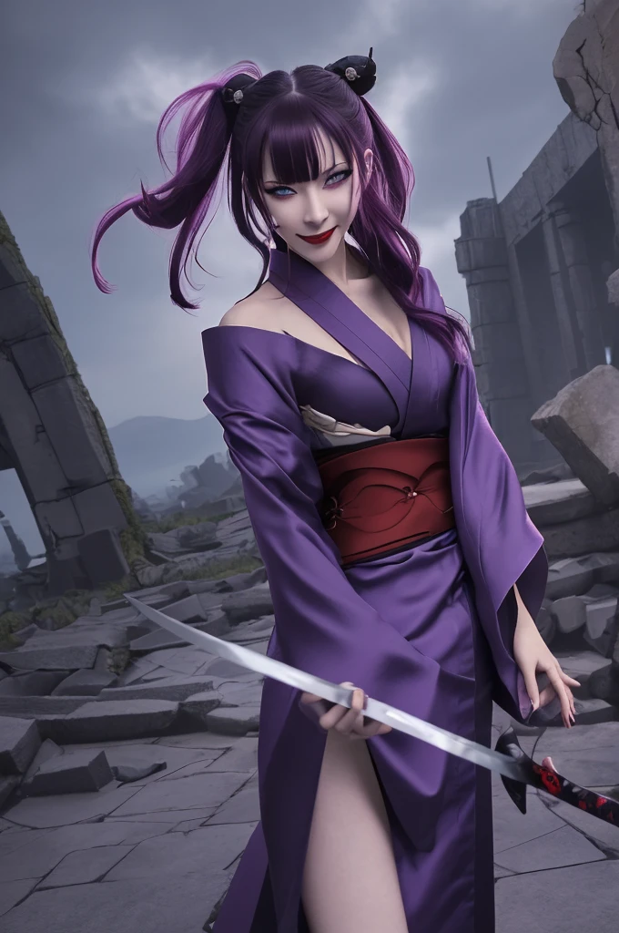 Girl, villain vibes, over power vibes, dark ruins background, katana on waist, very beautiful girl, dark red eyes, long purple half tied hair, very cute, very sexy body, smile intimidating, tatto in neck, use kimono dress, Full HD