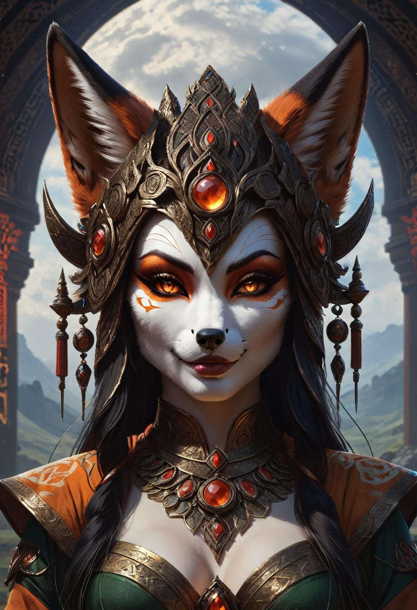 Encantadora kitsune antropomorfa femenina. Arte oficial: una obra maestra digital galardonada en 4K Ultra HD, Detalle extremo y realismo intrincado. cara simétrica. Este arte conceptual cobra vida gracias a las manos de artistas como Wlop & Artgerm en una impresionante ilustración vectorial 2D. El fondo es una vista panorámica..
