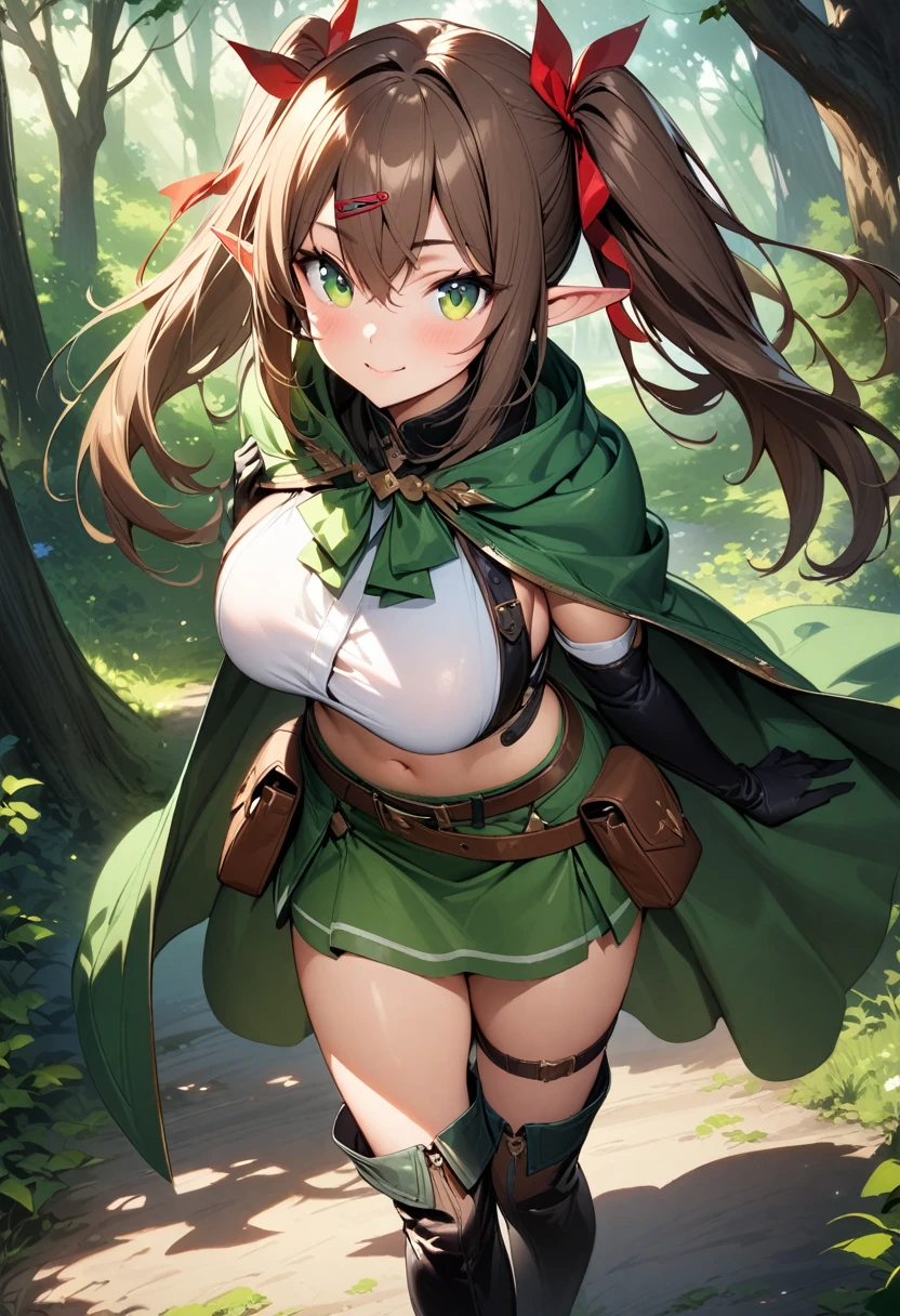 (masterpiece),(best quality),(ultra-detailed),(best illustration),(best shadow),(absurdres),(detailed background),(very aesthetic), 1girl, solo, pointy-ears, ((brown-hair)), green-eyes, gloves, boots, twintails, skirt, elbow-gloves, hair-ornament, navel, looking-at-viewer, cape, smile, elf, ribbon, hair-ribbon, knee-boots, belt, hairclip, ((green-skirt)), black-gloves, forest, midriff, thigh-strap, hair-between-eyes, standing, black-footwear, pouch, long-hair, nature, red-ribbon, ((big boobs) 1:1)
