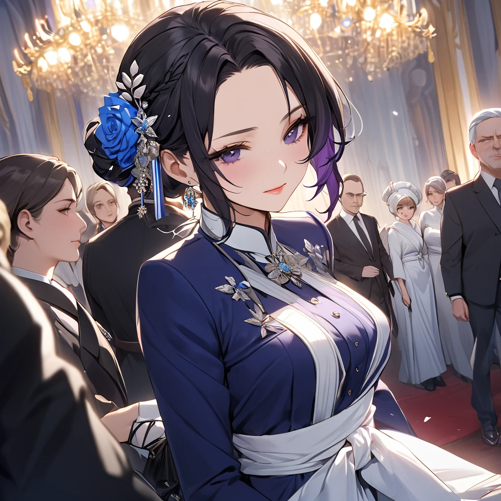 ((Highest quality)), ((masterpiece)), (detailed), （Perfect Face）、The woman is Shinobu Kocho, a Russian with black hair in a purple gradient bob style, tied up in a formal evening hairstyle.、The woman is a member of the United Russia party and is beautifully dressed in a suit and lavish accessories.、She is a United Russia member who is dedicated to the cause of a great United Russia, and she deeply respects and worships the leader of the Great Russian Party, a United Russia supremacist.、As the secretary and mistress of a great United Russia official, the woman wholeheartedly devotes herself to serving, embracing, supporting, and following the great and beloved official.