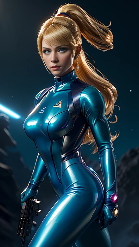 unparalleled masterpiece, ultra realistic 8k CG, perfect artwork, ((perfect female figure)), mature female, milf, narrow waist, alluring, clean, beautiful face, pure face, pale skin, divine goddess, ((shiny skin)), (((skindentation))), delicate pattern, intricate detail, (rich:1.4), prestige, gorgeous, luxury, royal palace, jewelry, gem, gold, silver, diamond, glint, sapphire, ruby, emerald, pearl, amber, obsidian,  samus, mole, ponytail, (blue eyes), ((night)), dark,((dramatic lighting)), ((scifi)), ((zero suit)), ((shooting gun)), (((action pose)))