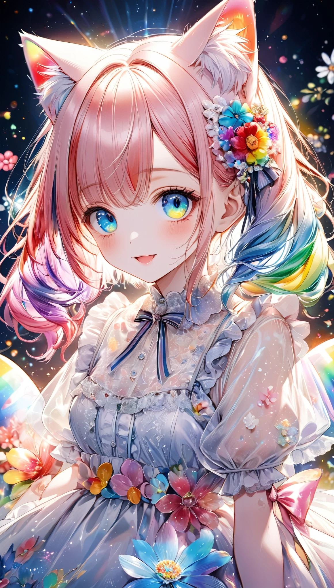 (((masterpiece))), (((Highest quality)))(, (Ultra-detailed)), A fusion of watercolor and oil painting, Psychedelic world, Commemorative photo, White Dress、super precision embroidery, See-through lace, ribbon, see-through frill,cute, beautiful girl, Lolita, 15-year-old girl, 1 cute girl, (Look forward), (Looking at this), (Very delicate and beautiful face), (Beautiful eyes in every detail), ((((Heterochromia Iridum - Red and Blue Eye Color))))、Through the bangs, Pale pink hair,Twin tails, Cat ear, 髪の色と同じ色のCat ear, Beautiful attention to detail, Beautiful lip detail, Highly detailed face, Attractive eyes, Long eyelashes, smile, Open your mouth a little, One Girl, Digital Art, pastel colour, ((Use the rainbow as your main color)),Vibrant colors,fantasy art pieces,dream-like,Mythical fantasy with rainbow accents,Fairytale Fantasy, (((Translucent rainbow))),Rainbow gradient,Subtle iridescent details,Gives off an aura of magic,Exquisite detail,Heavenly, Flowers,Soft lighting, Cinematic, romantic, baby doll、Framing above the chest, Colorful gel background, Fractal Floral Background, Sparkling, Sparkling, Lolita, Perfect lighting, Sharp focus, High resolution, High resolution,High color rendering, High resolution