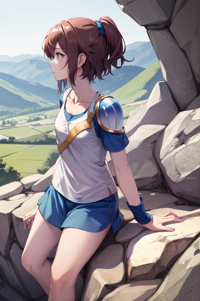 masterpiece, Highest quality, High resolution, Hope 1, Arles Naja, One girl,  Half Up, alone, Blue Skirt, Blue short sleeve, armor, clavicle, White shirt, Wrist cuff, From the side, Mountain, rock,