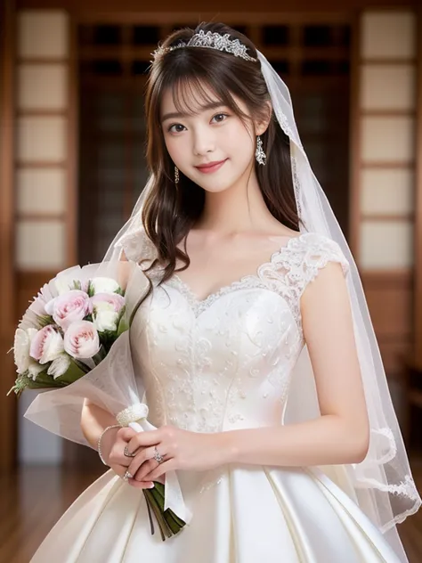 photo-realistic quality、a woman in a wedding dress holding a bouquet of flowers、20 year old japanese model、白のwedding dress,hanae...