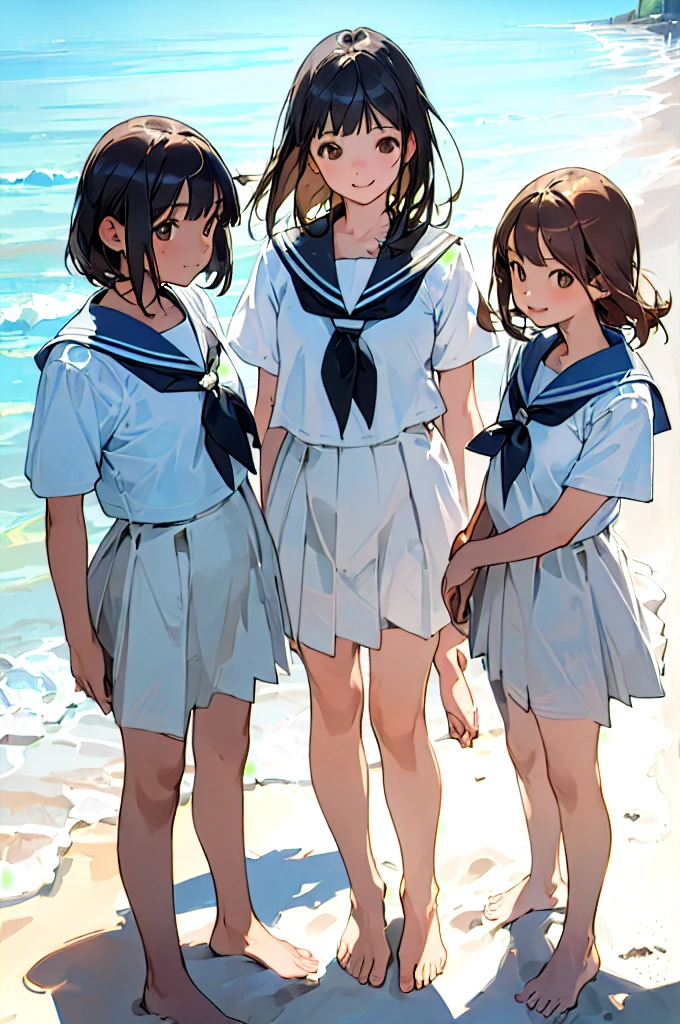 ((masterpiece, Highest quality, Realistic transparent water, Three high school girls standing on the beach saying come here)), (barefoot, barefoot, Fine hand, Cute light brown eyes and a smiling face, Black Hair Medium Hair, Short sleeve summer white sailor uniform details), Tuned Skins, Best solar lighting, Beach Sand, Best Shadow, White Shell, 