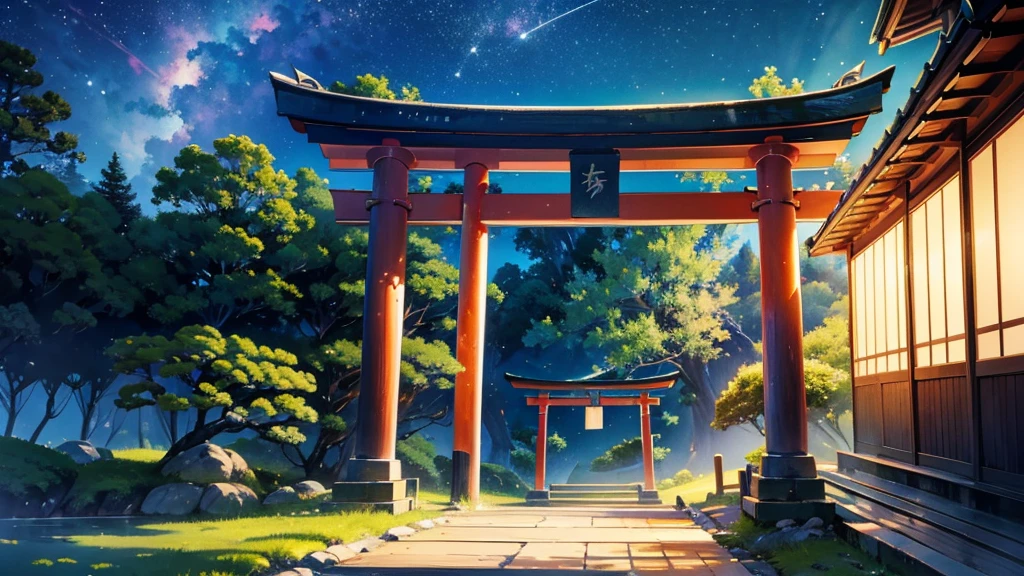 "A serene Japanese scenery at dusk, featuring a rustic torii gate in aged wood, located in the middle of nature. The sky above is filled with bright stars, gently illuminating the environment. The colors are soft and delicate, like in a watercolor painting, with shades of blue, lilac, AND verde, creating a calm and mystical atmosphere. The torii gate, with time-worn details, contrasts with the celestial background, enquanto a vegetação ao redor é representada em tons suaves dAND verde e cinza."