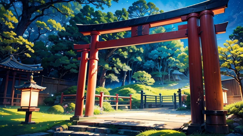 "A serene Japanese scenery at dusk, featuring a rustic torii gate in aged wood, located in the middle of nature. The sky above is filled with bright stars, gently illuminating the environment. The colors are soft and delicate, like in a watercolor painting, with shades of blue, lilac, AND verde, creating a calm and mystical atmosphere. The torii gate, with time-worn details, contrasts with the celestial background, enquanto a vegetação ao redor é representada em tons suaves dAND verde e cinza."