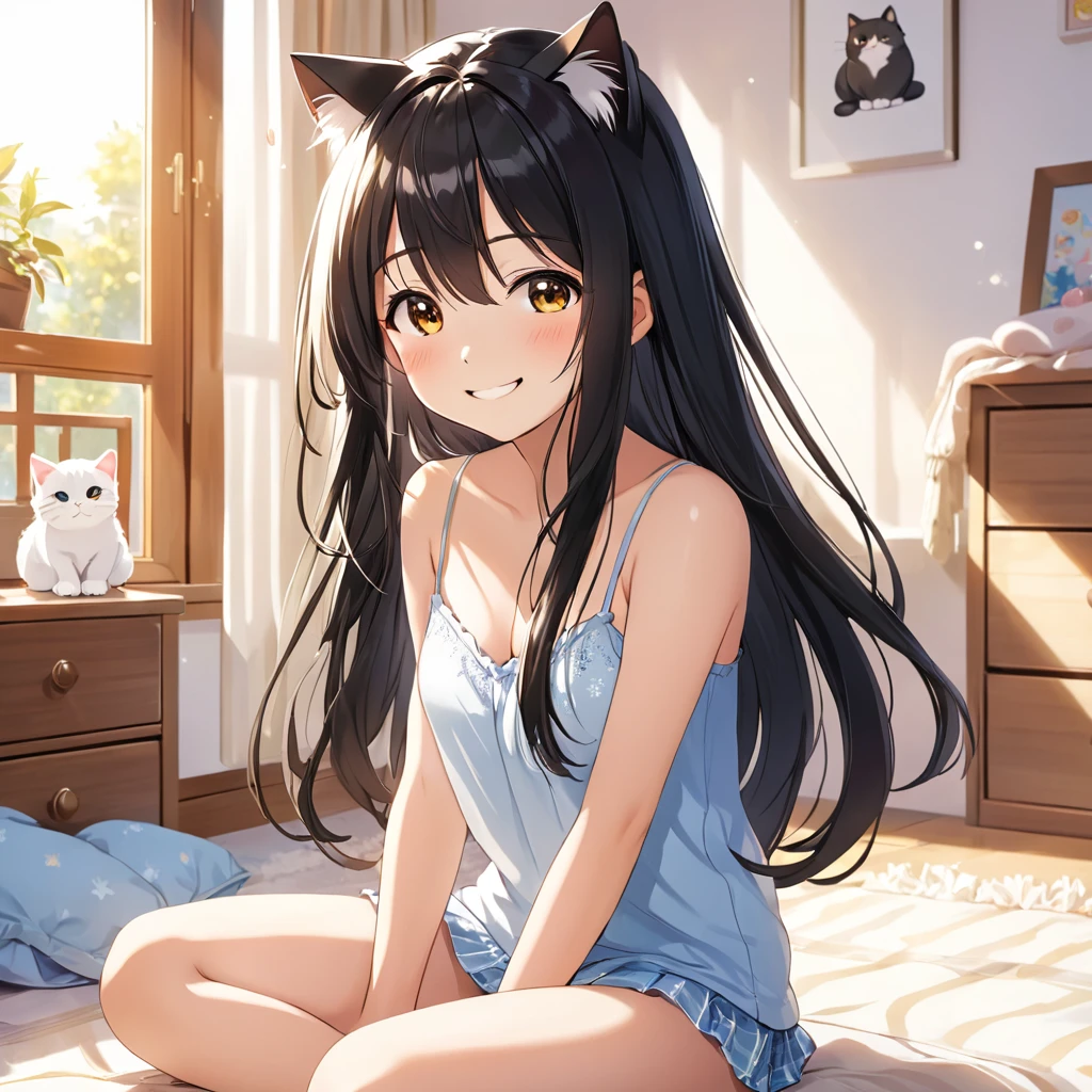 Girl,cute,cute,Chest to head,smile,Embarrassed,Straight Hair,Long Hair,Black Hair,Girl sitting,morning,sunny,Light shines in,camisole,looking at the camera,Cat pose,My Room