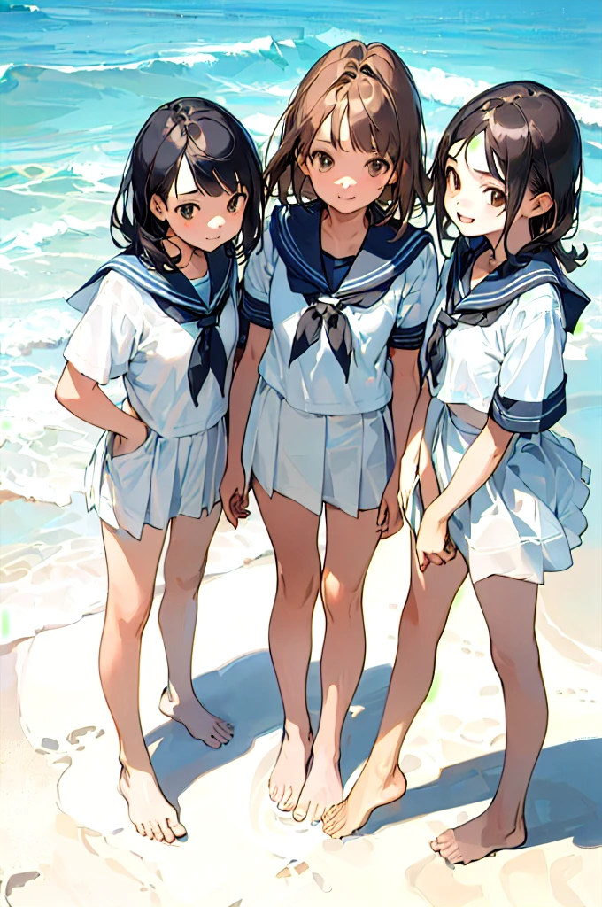 ((masterpiece, Highest quality, Realistic transparent water, Three high school girls standing on the beach saying come here)), (barefoot, barefoot, Fine hand, Cute light brown eyes and a smiling face, Black Hair Medium Hair, Short sleeve summer white sailor uniform details), Tuned Skins, Best solar lighting, Beach Sand, Best Shadow, White Shell, 