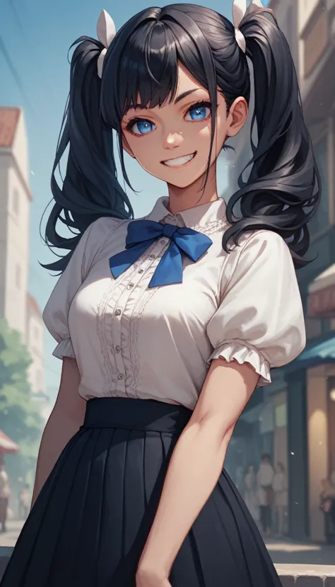 masterpiece, best quality, 1girl,blue eyes,twintails, black hair, white blouse ,best quality,  black skirt, grin,looking at view...