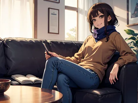 bell, anime, brown hair, medium chest, brown eyes, a light smile, jeans, scarf, grey sweatshirt, blue pants, sitting, sitting cr...