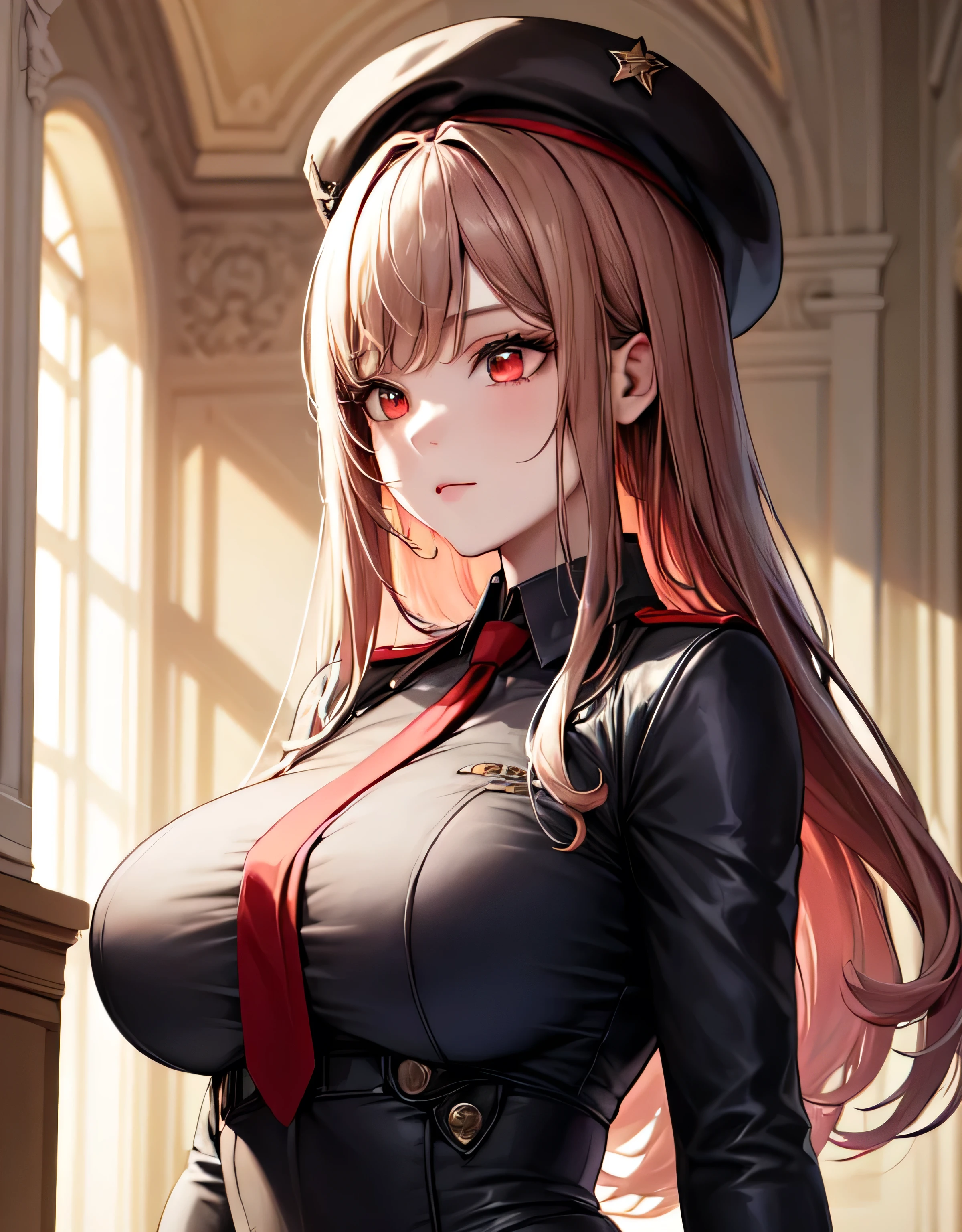 rapi nikke,(red eyes:1.1),long hair,brown hair,black leotad,beret,black hat,red necktie,black jacket,(large breasts:1.57),(shiny,hair),((solo)),((masterpiece)),((best quality)),perfect anatomy,slim waist,perfect image,8k UHD,(beautiful detailed eyes:1.5),extremely detailed face,standing,(upper body:1.25),(look at the front:1.5),arms behindback,ultra-detailed,absurdres,highres,no expression,indoor hall,