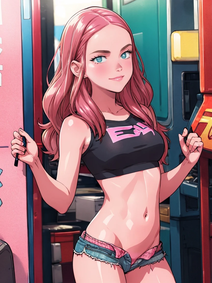 masterpiece, Best Quality, 1 girl, Alone, good hips, final, finalty bimbo clothes, medium breasts, smile, rubio, final, young girl, spoiled girl, Wide hips, pink crop top, very short bermuda shorts, 16 year old young man,in an arcade having sex with shorts on